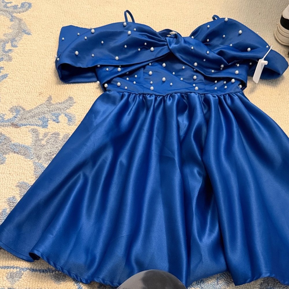 SHEIN Royal Blue Kids Dress with Pearl Details